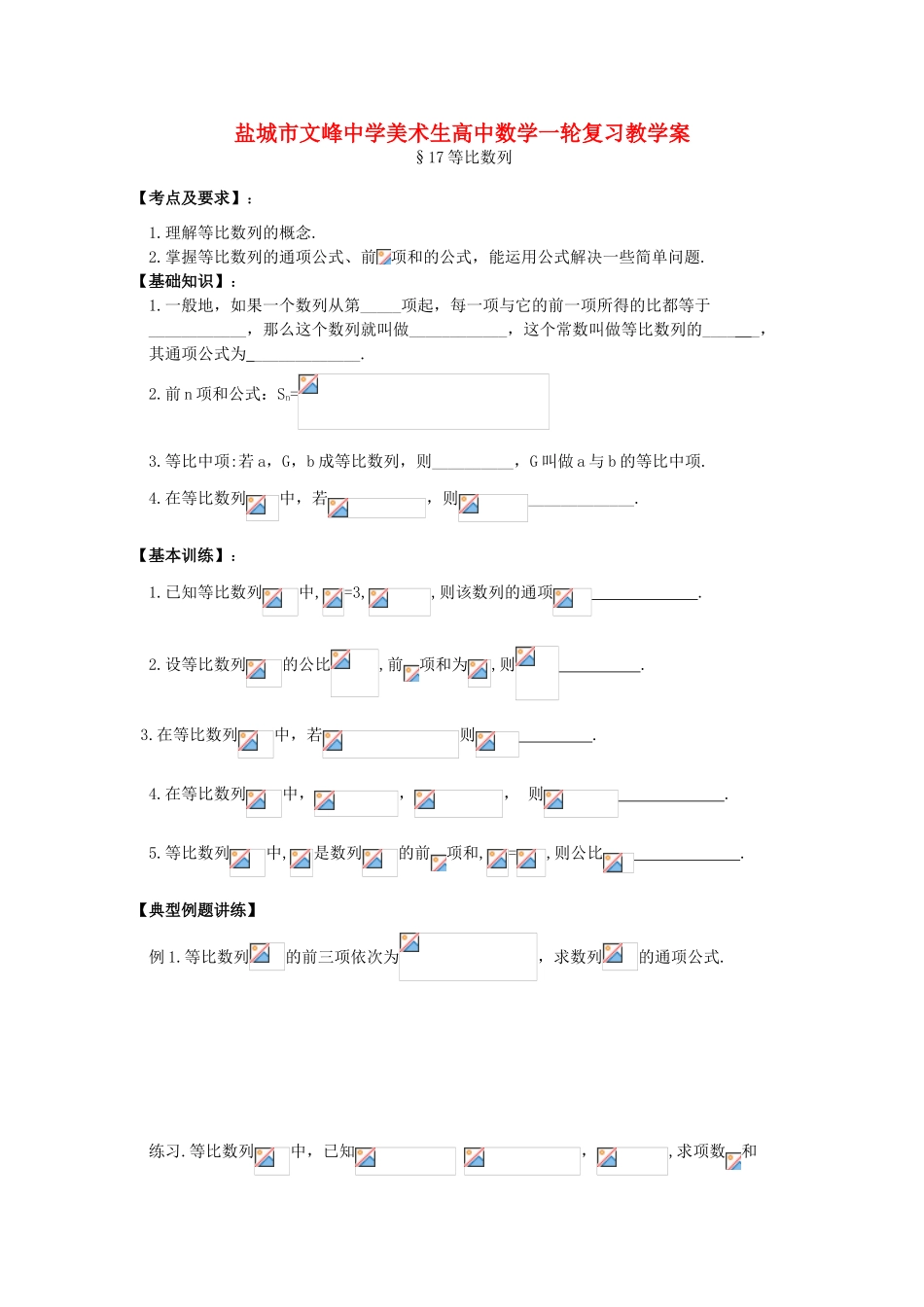 江苏省盐城文峰中学美术生高中数学一轮复习《17等比数列》教学案_第1页