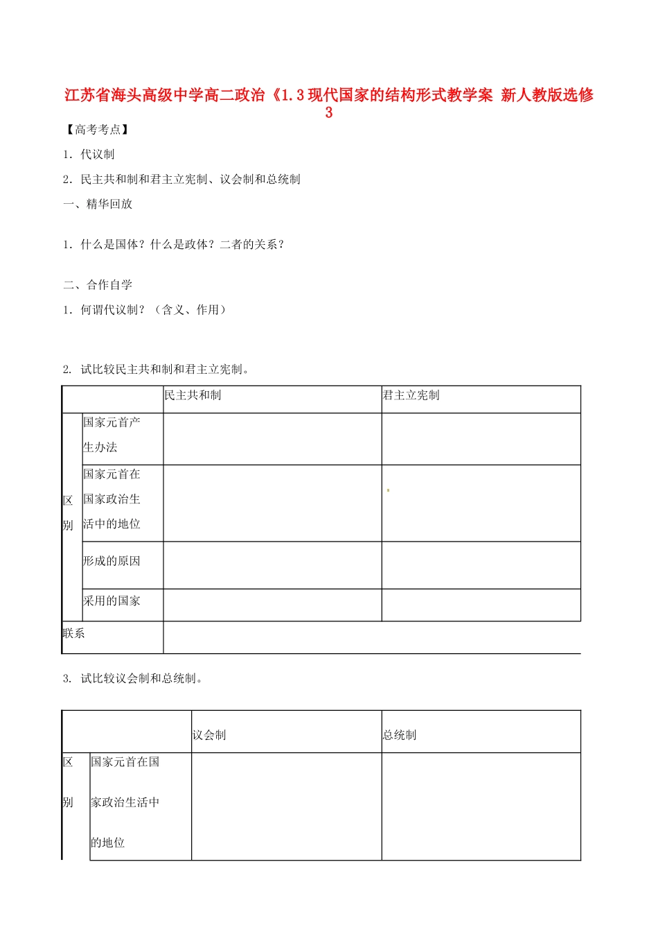 江苏省海头高级中学高中政治《1.2 现代国家的管理形式》学案 新人教版选修3_第1页