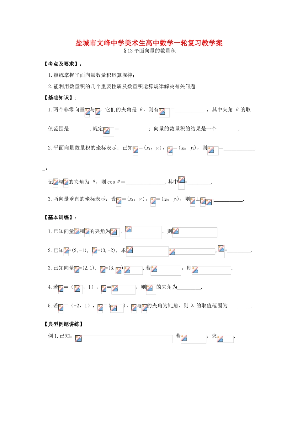 江苏省盐城文峰中学美术生高中数学一轮复习《13平面向量的数量积》教学案_第1页