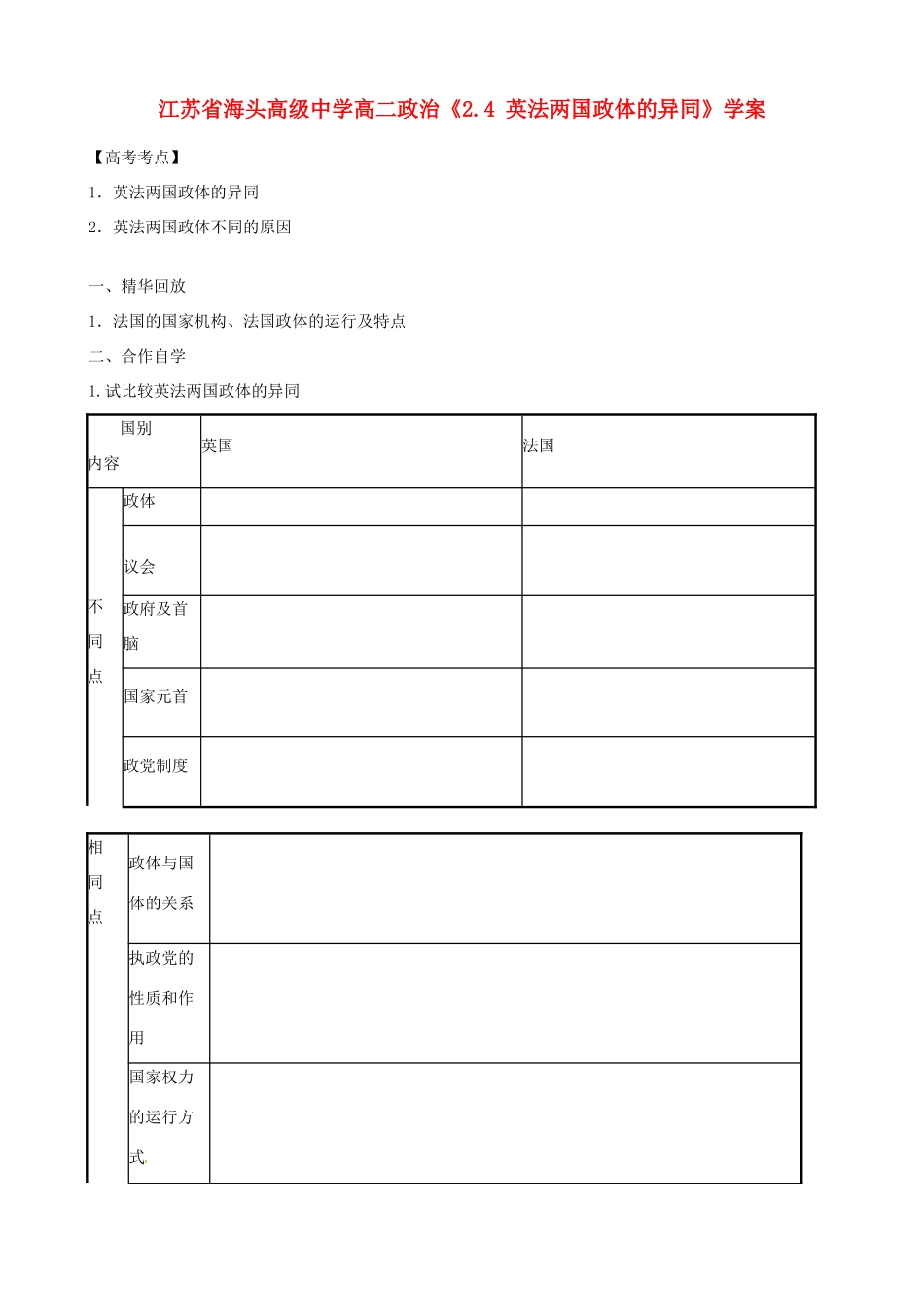 江苏省海头高级中学高中政治《2.4 英法两国政体的异同》学案 新人教版选修3_第1页