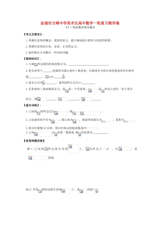 江苏省盐城文峰中学美术生高中数学一轮复习《8三角函数的基本概念》教学案