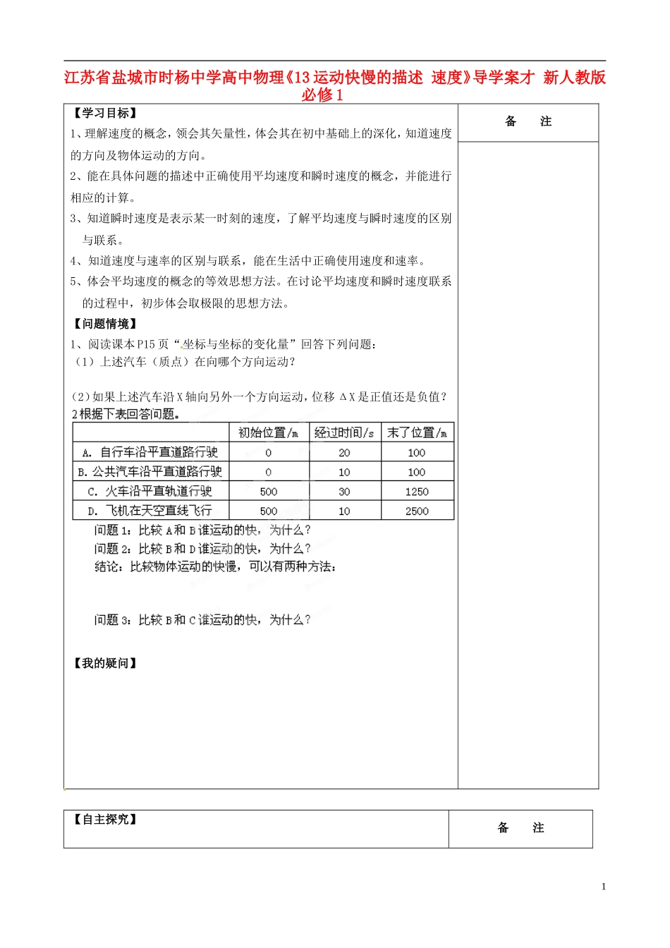 江苏省盐城市时杨中学高中物理《13运动快慢的描述 速度》导学案才 新人教版必修1_第1页