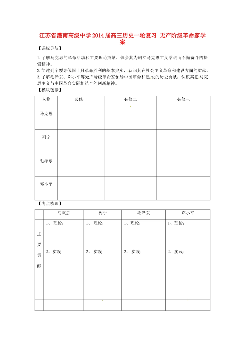 江苏省灌南高级中学2014届高三历史一轮复习 无产阶级革命家学案_第1页