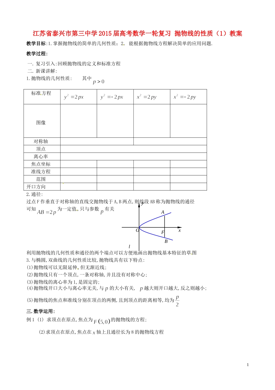 江苏省泰兴市第三中学2015届高考数学一轮复习 抛物线的性质（1）教案_第1页