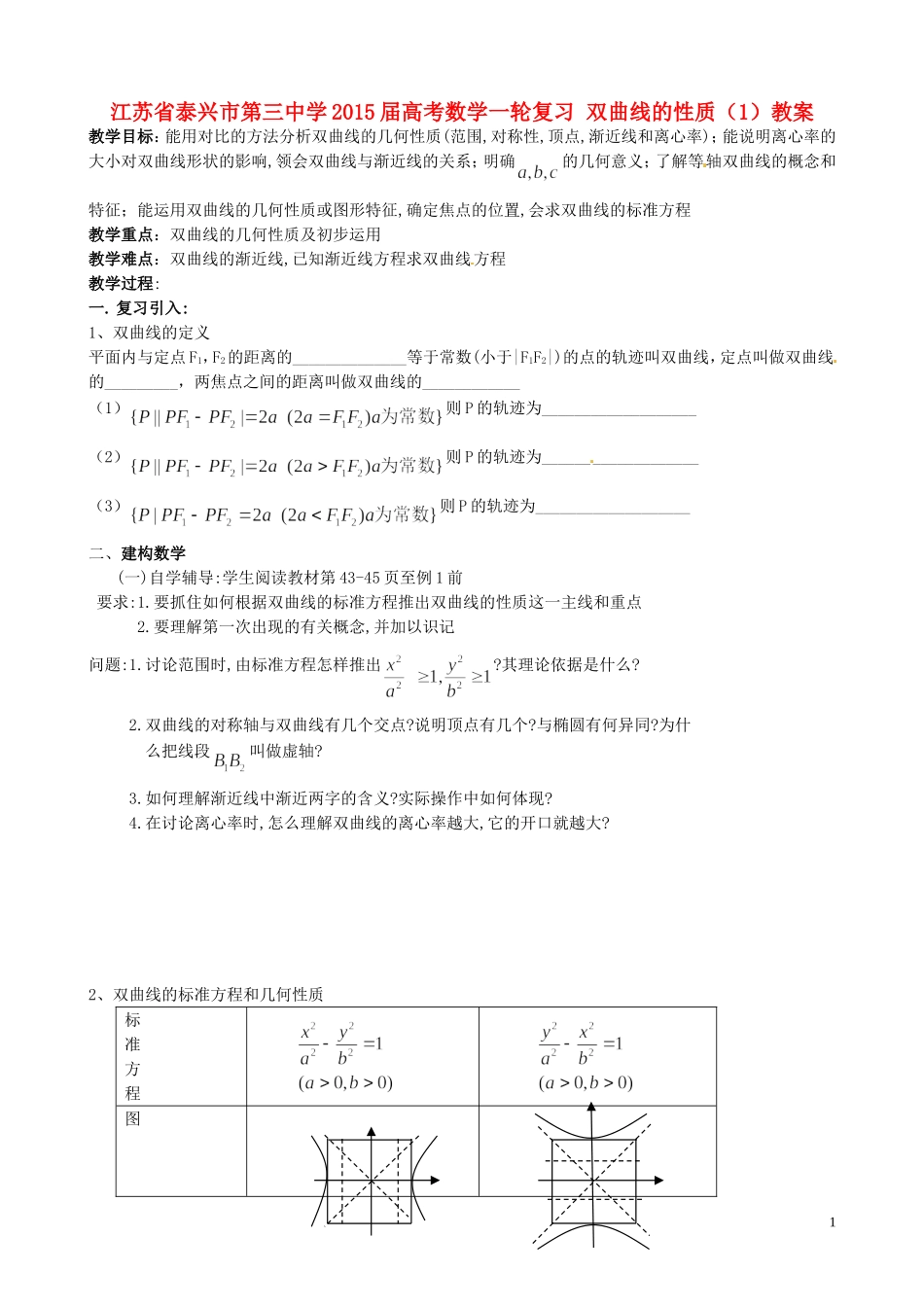 江苏省泰兴市第三中学2015届高考数学一轮复习 双曲线的性质（1）教案_第1页