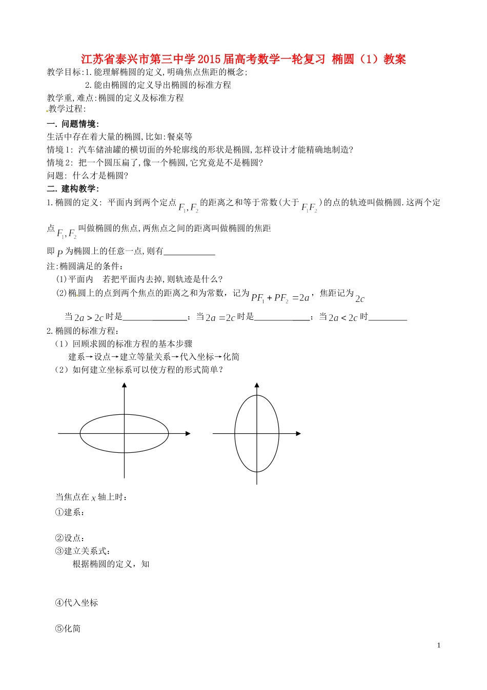 江苏省泰兴市第三中学2015届高考数学一轮复习 椭圆（1）教案_第1页