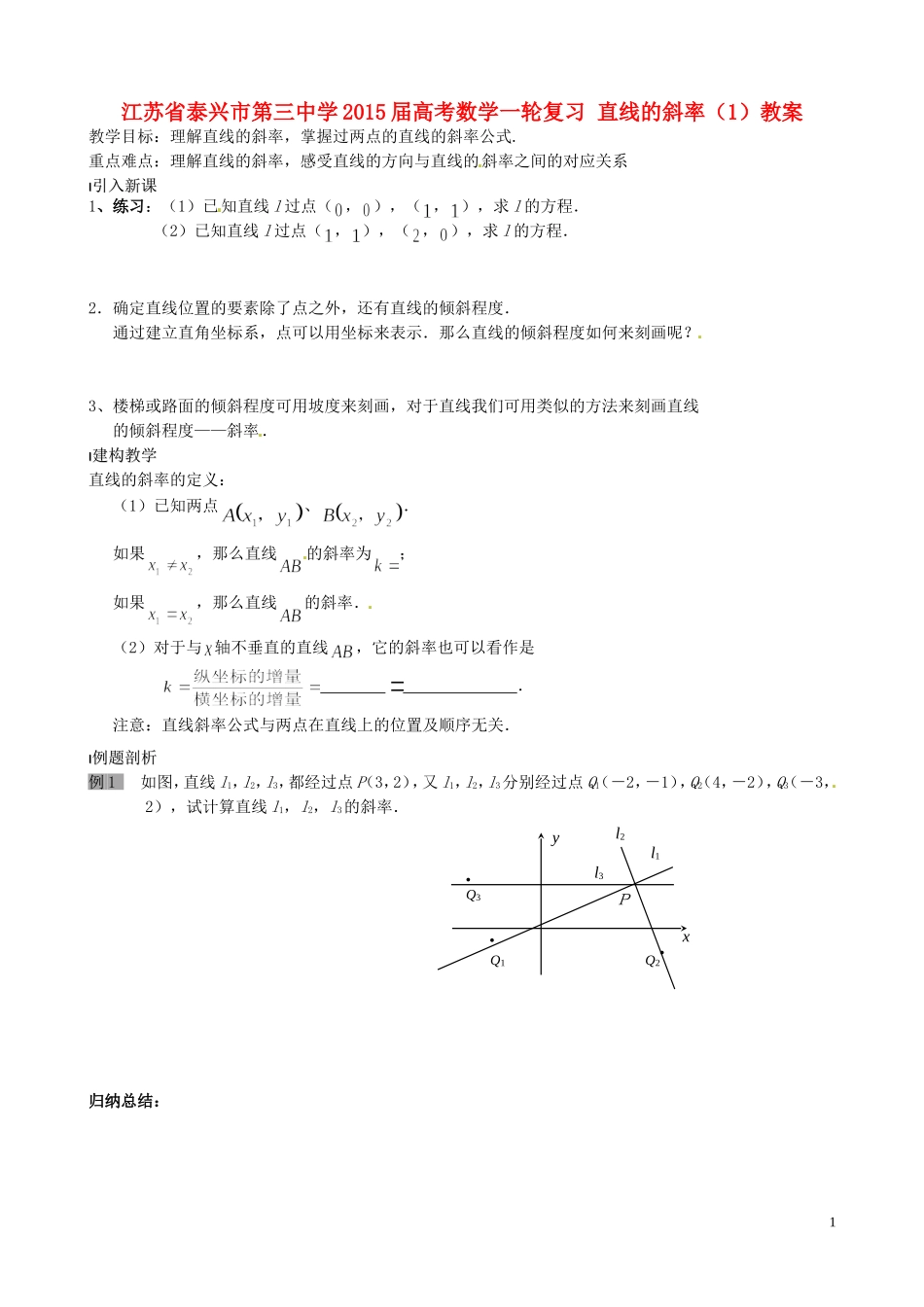 江苏省泰兴市第三中学2015届高考数学一轮复习 直线的斜率（1）教案_第1页