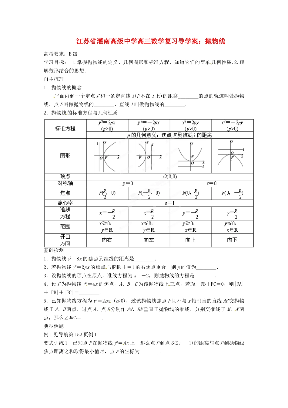 江苏省灌南高级中学高三数学 抛物线复习导学案_第1页