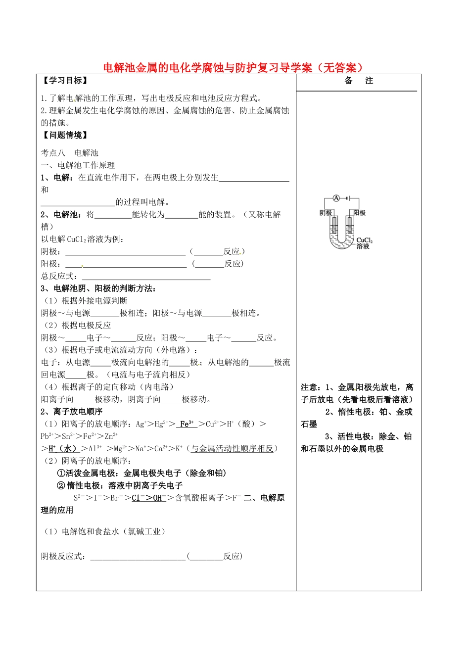 江苏省盐城市时杨中学2014年高三化学 电解池 金属的电化学腐蚀与防护复习导学案（无答案）_第1页