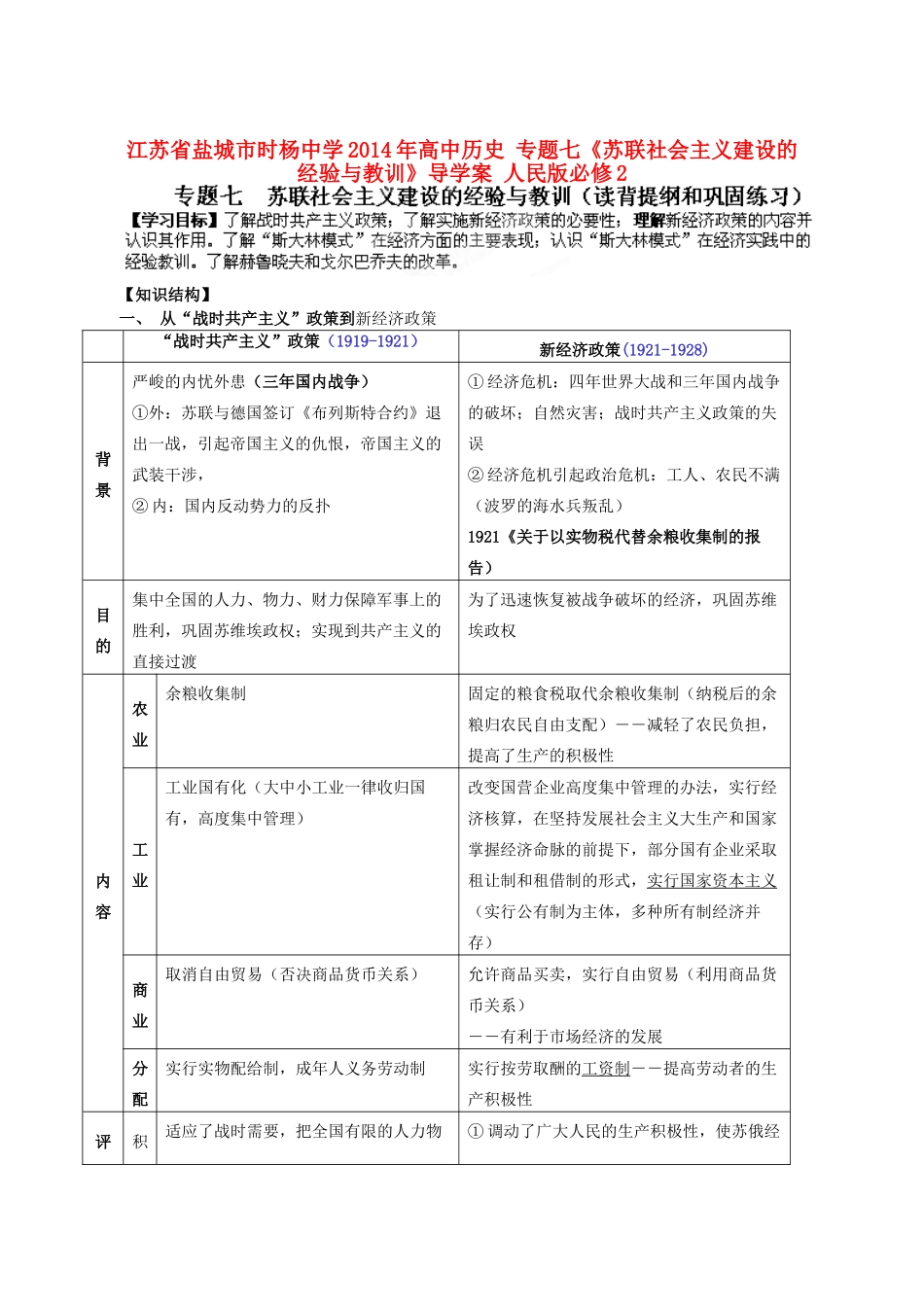 江苏省盐城市时杨中学2014年高中历史 专题七《苏联社会主义建设的经验与教训》导学案 人民版必修2_第1页