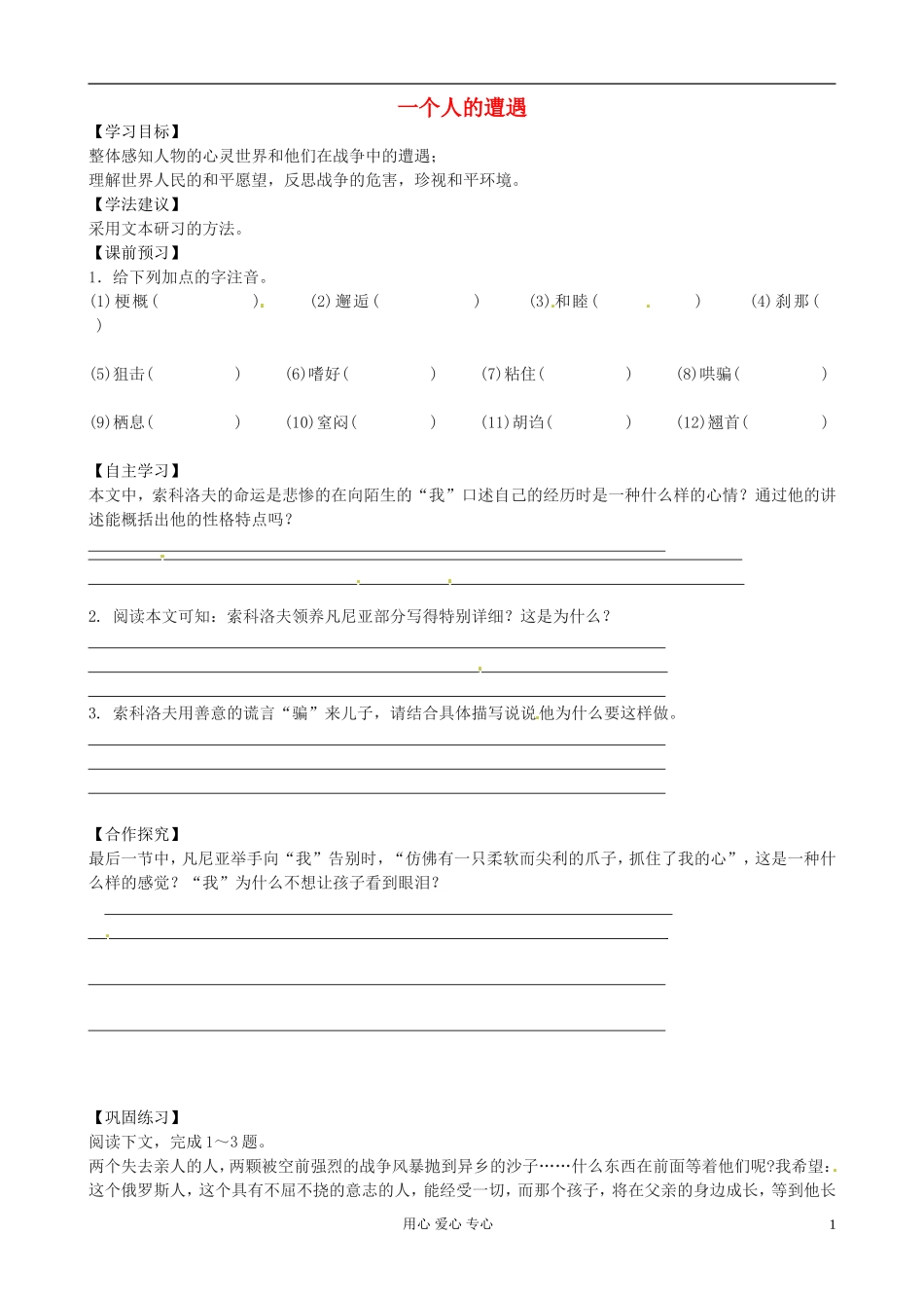 江苏省赣榆县海头高级中学高中语文《一个人的遭遇》导学案 新人教版必修2_第1页