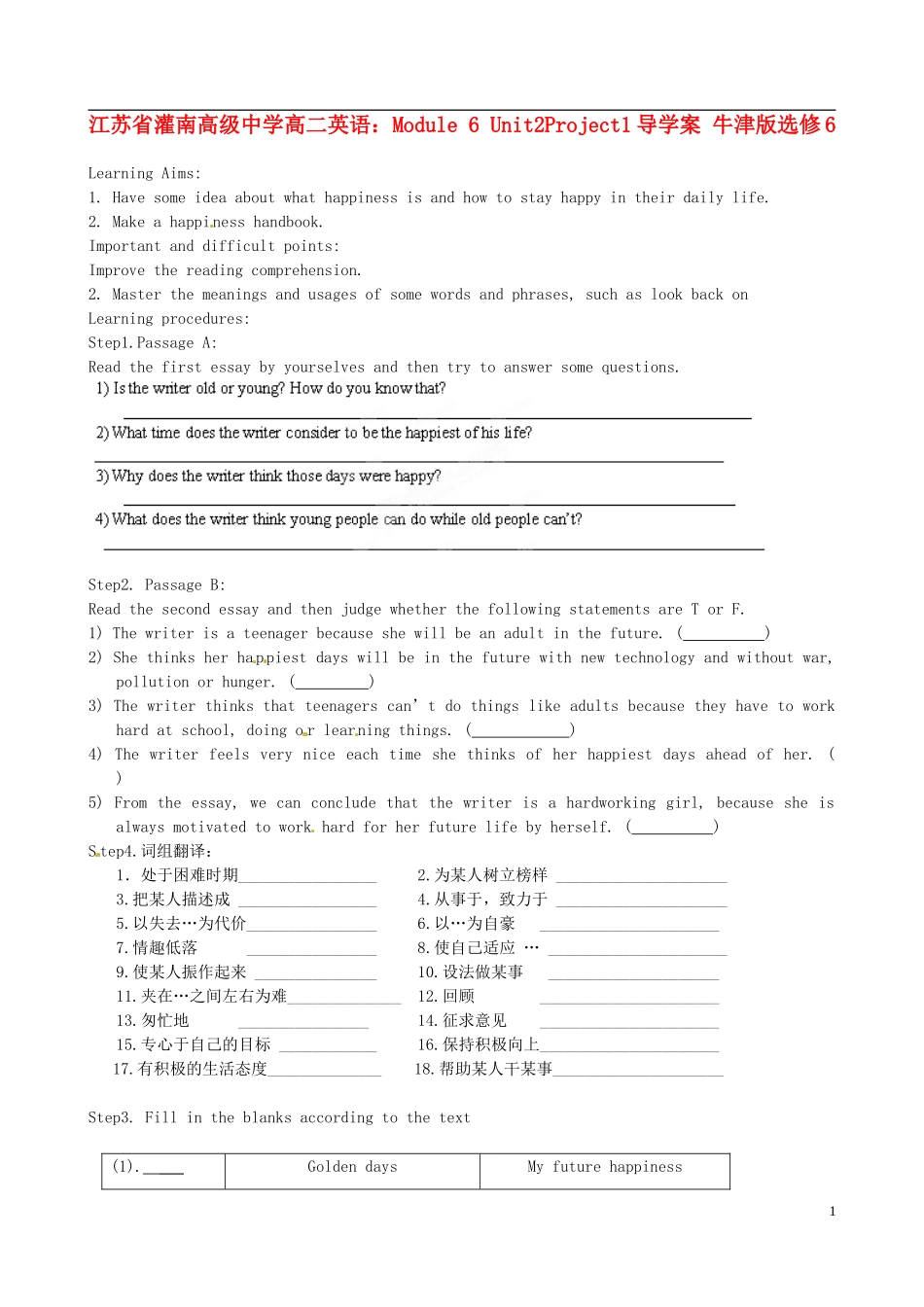 江苏省灌南高级中学高中英语 Module 6 Unit2Project1导学案 牛津版选修6_第1页