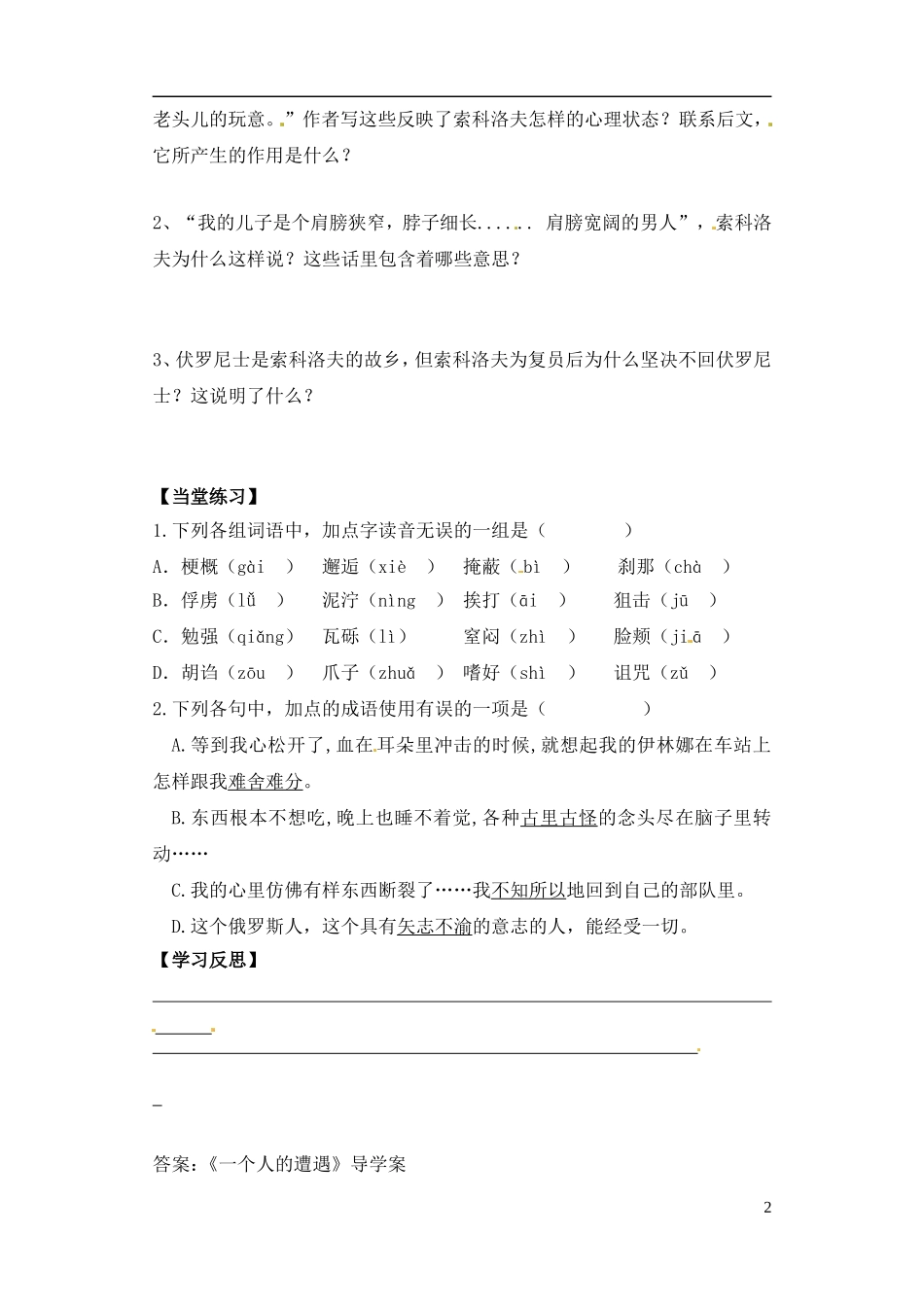 江苏省赣榆县外国语学校2014高中语文《一个人的遭遇》导学案 苏教版必修2_第2页