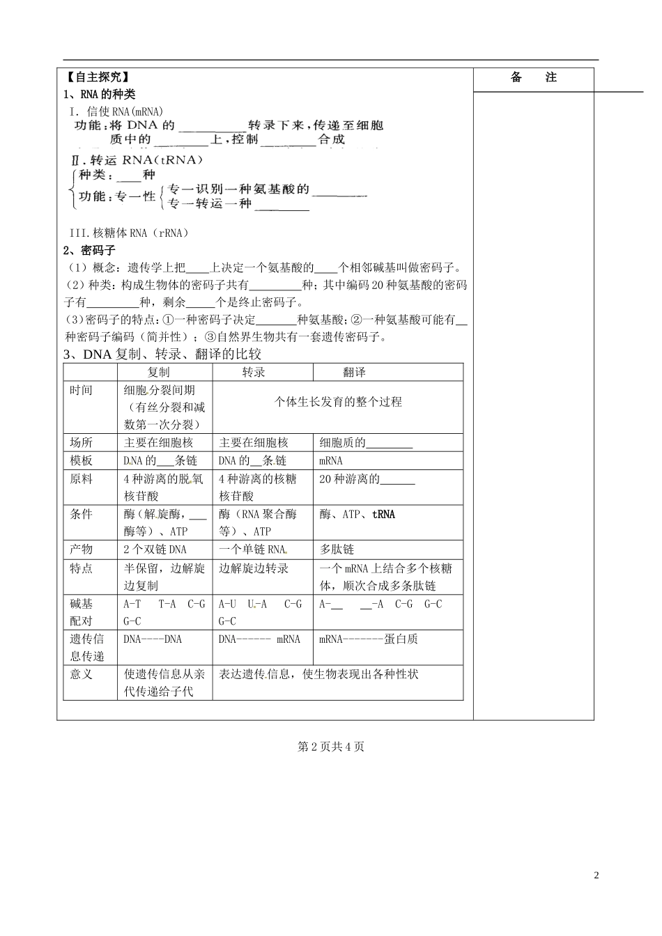 江苏省盐城市时杨中学2015届一轮复习 基因控制蛋白质的合成导学案 新人教版必修2 _第2页