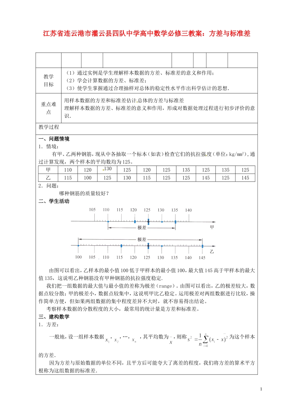 江苏省连云港市灌云县四队中学高中数学 方差与标准差教案 苏教版必修3_第1页