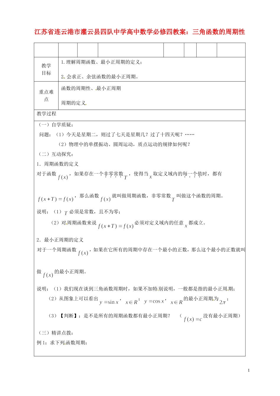 江苏省连云港市灌云县四队中学高中数学 三角函数的周期性教案 苏教版必修4_第1页