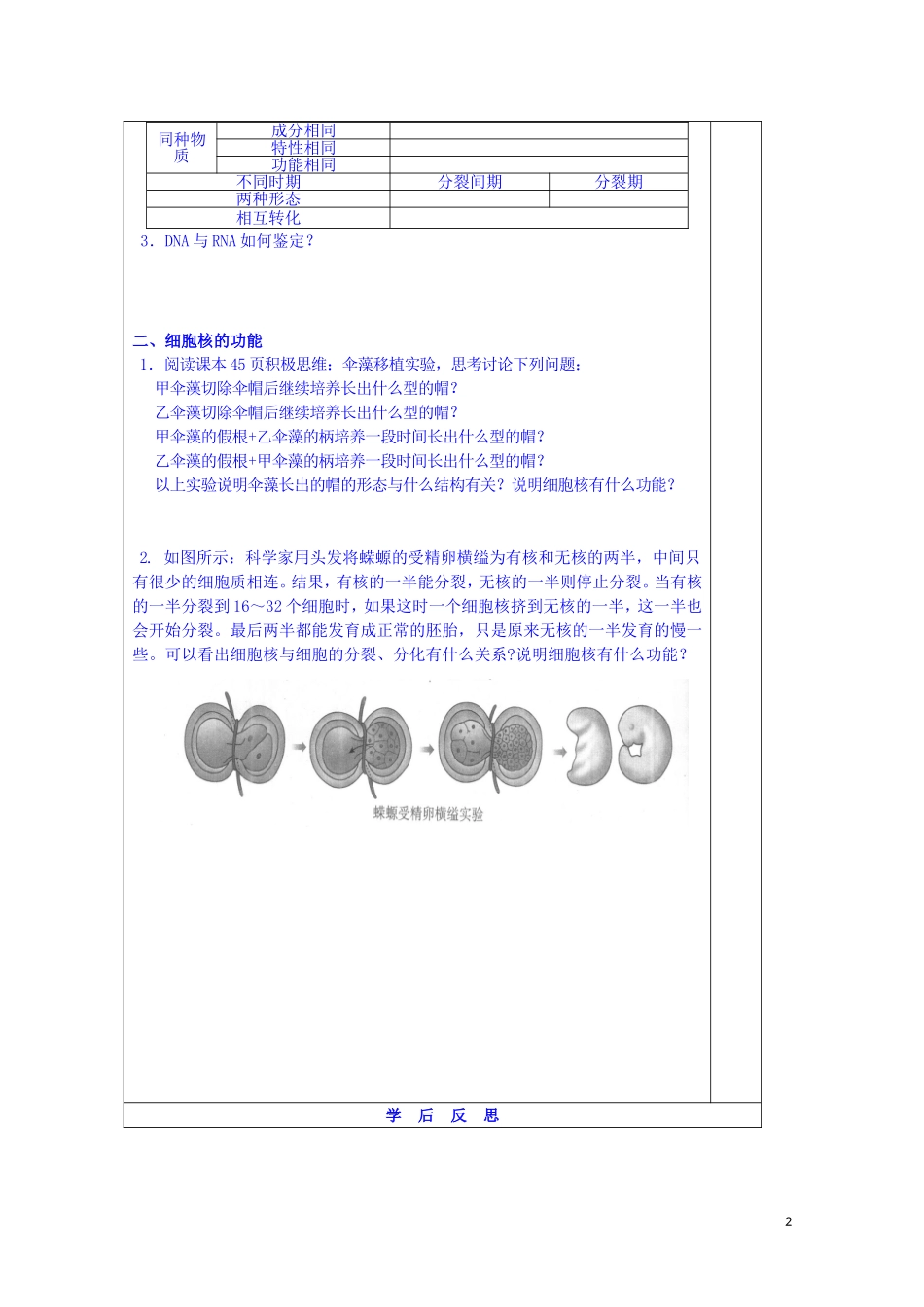 江苏省苏州市第五中学2014-2015学年高中生物 3.2细胞的结构和功能（3）细胞核同步导学案 苏教版必修1_第2页