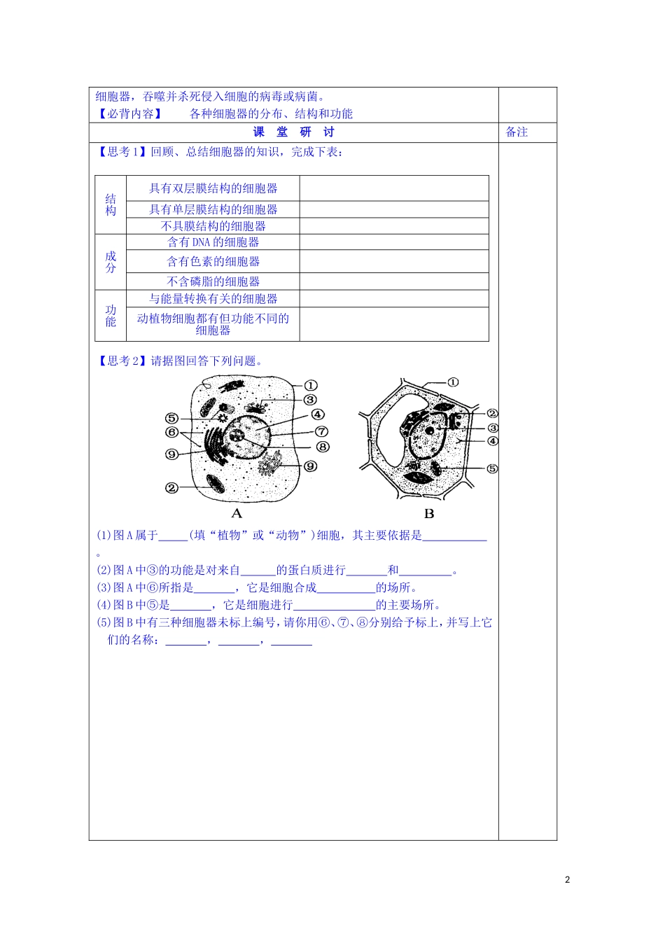 江苏省苏州市第五中学2014-2015学年高中生物 3.2细胞的结构和功能（2）-细胞质和细胞器同步导学案 苏教版必修1_第2页