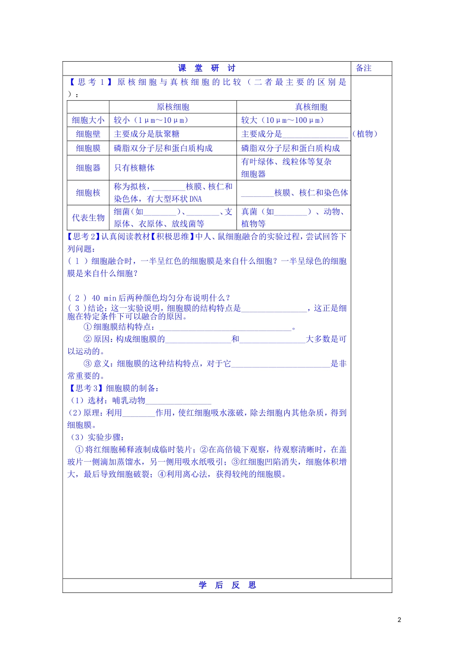 江苏省苏州市第五中学2014-2015学年高中生物 3.2细胞的结构和功能（1）-细胞类型、细胞膜和细胞壁同步导学案 苏教版必修1_第2页