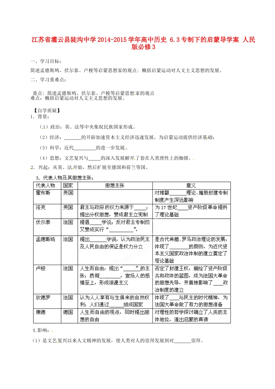 江苏省灌云县陡沟中学2014-2015学年高中历史 6.3专制下的启蒙导学案 人民版必修3_第1页