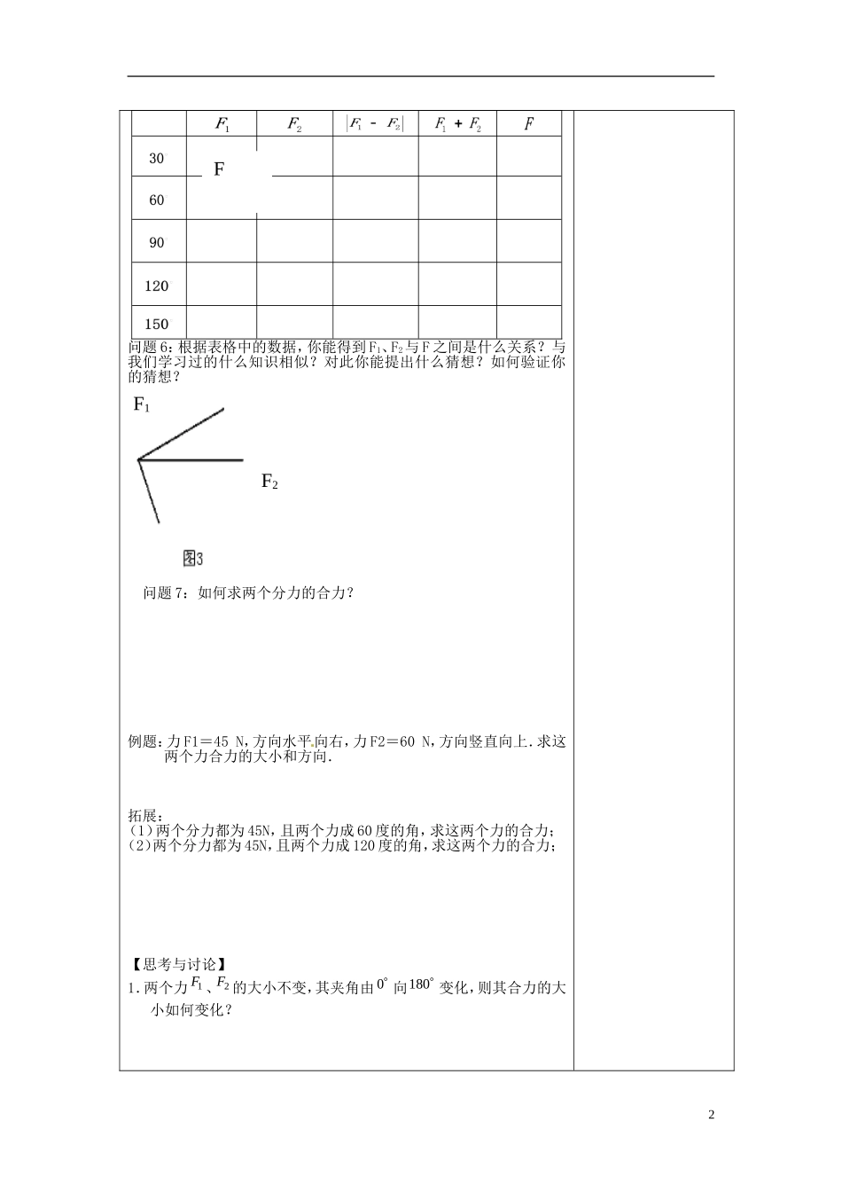江苏省连云港市田家炳中学高中物理 力的合成学案 新人教版必修1_第2页