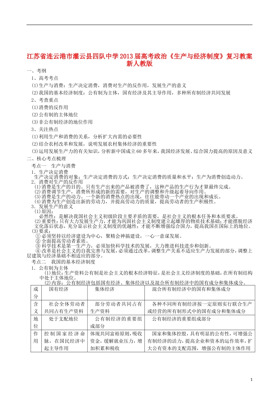 江苏省连云港市灌云县四队中学2013届高考政治《生产与经济制度》复习教案 新人教版_第1页