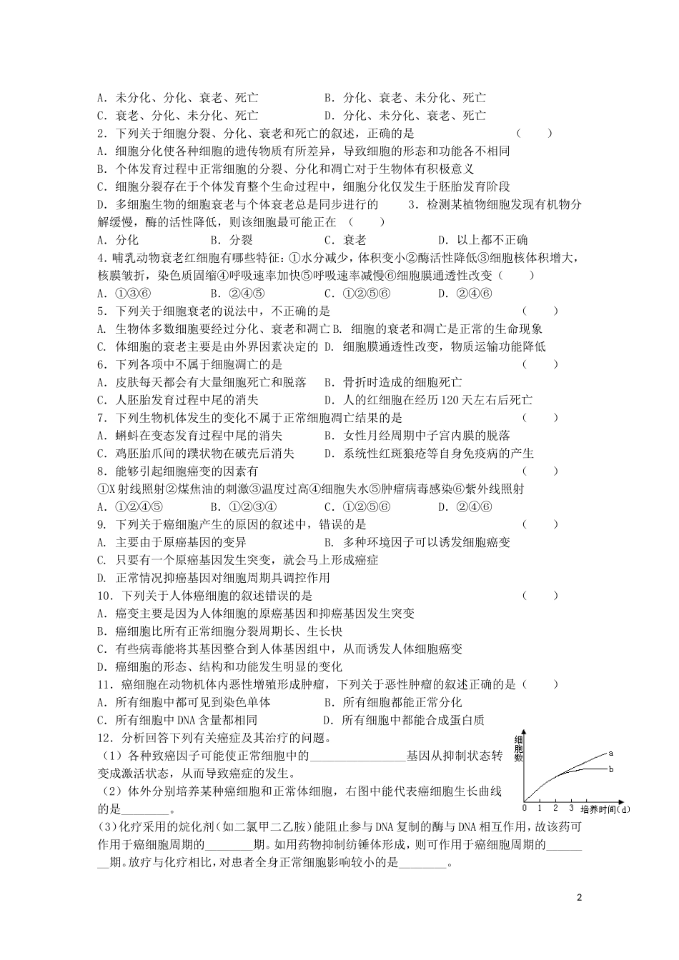 江苏省苏州市第五中学2013-2014学年高中生物 细胞的衰老、凋亡和癌变学案 苏教版必修1_第2页