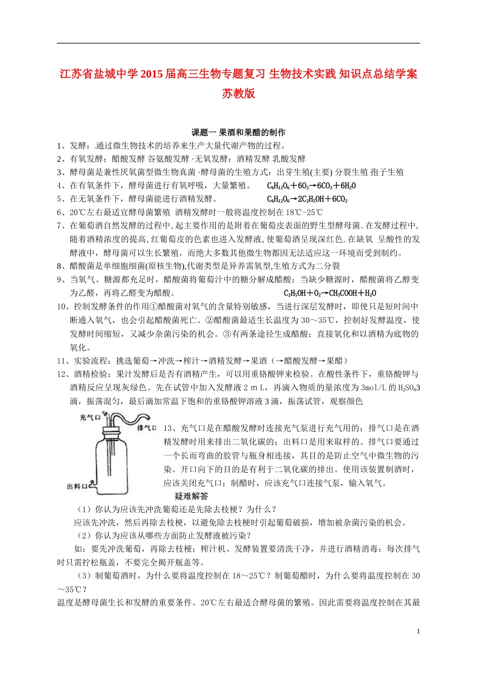 江苏省盐城中学2015届高三生物专题复习 生物技术实践 知识点总结学案 苏教版_第1页