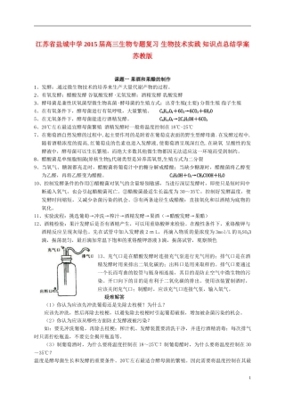 江苏省盐城中学2015届高三生物专题复习 生物技术实践 知识点总结学案 苏教版