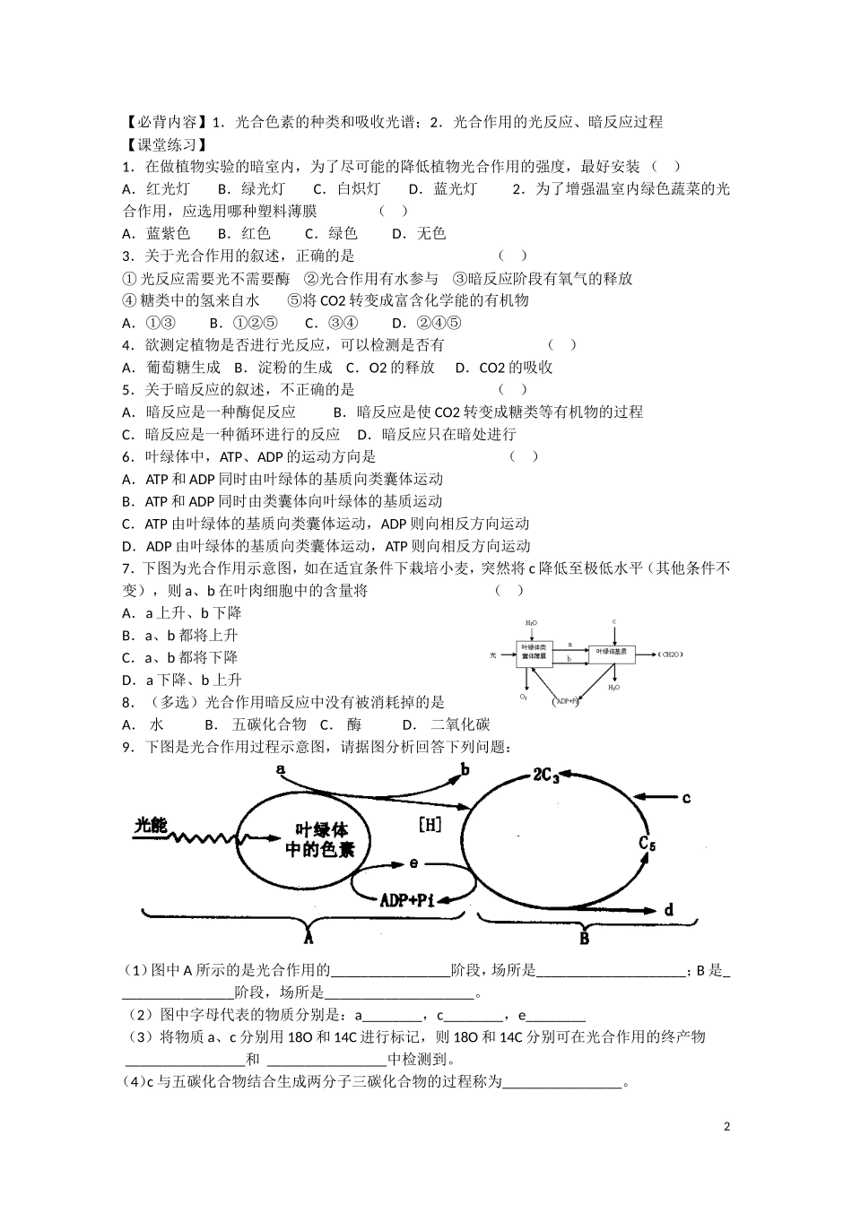 江苏省苏州市第五中学2013-2014学年高中生物 光合作用的过程学案 苏教版必修1_第2页