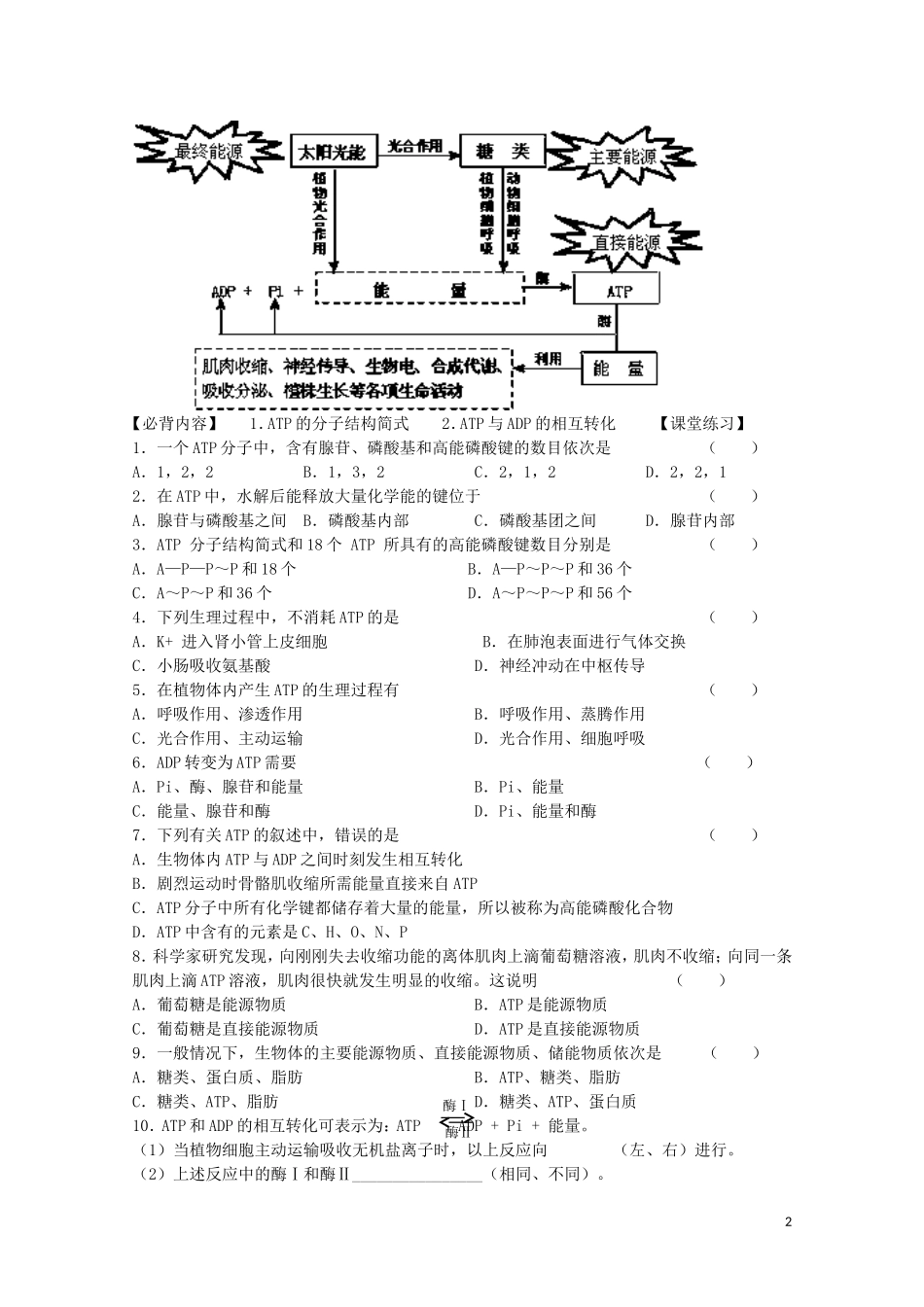江苏省苏州市第五中学2013-2014学年高中生物 ATP学案 苏教版必修1_第2页