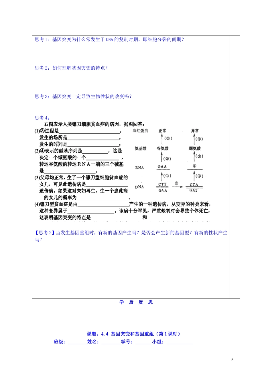 江苏省苏州市第五中学2013-2014学年高中生物 4.4基因突变和重组（1）同步导学案 苏教版必修2_第2页