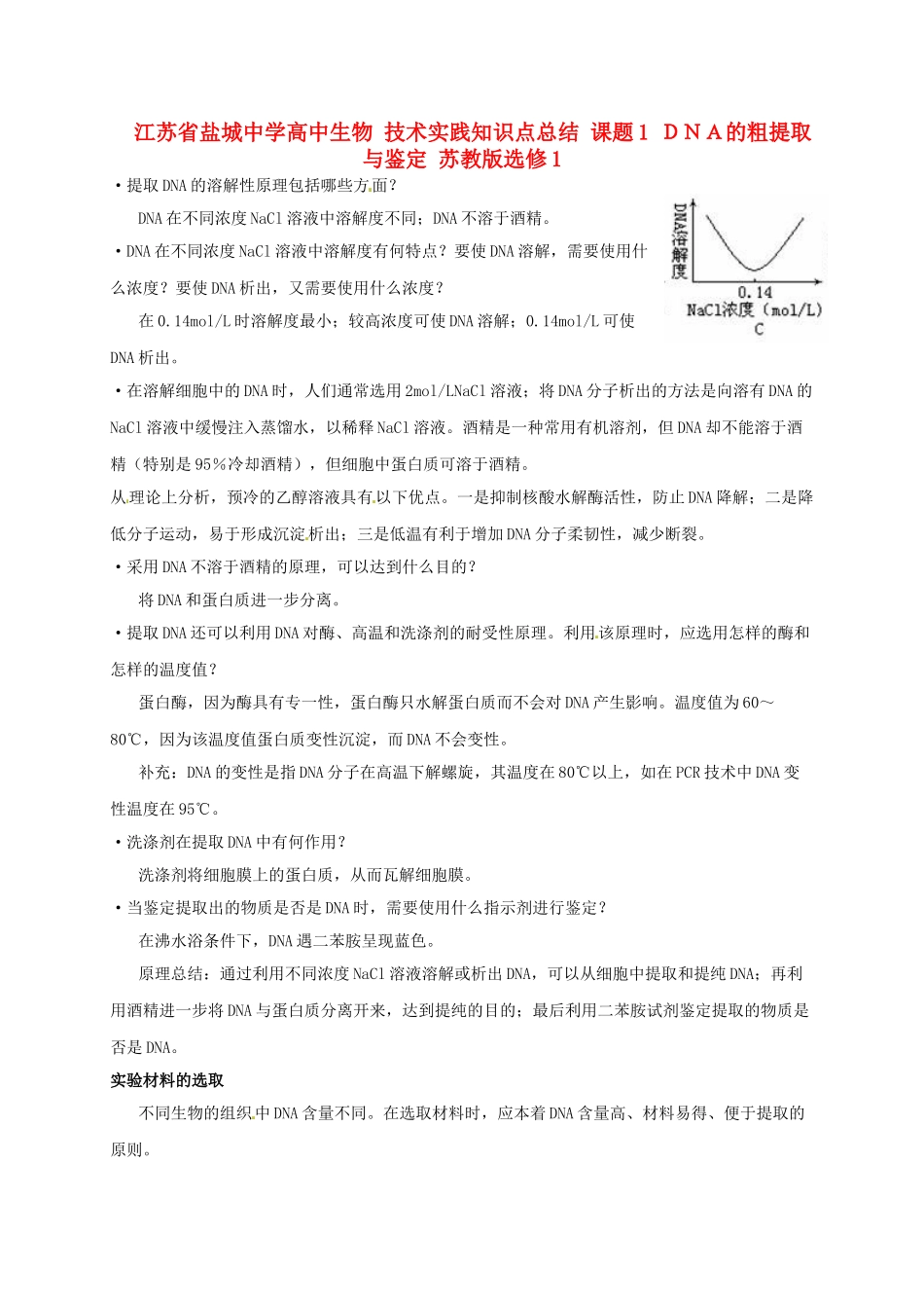 江苏省盐城中学高中生物 技术实践知识点总结 课题1 ＤＮＡ的粗提取与鉴定 苏教版选修1_第1页