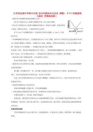 江苏省盐城中学高中生物 技术实践知识点总结 课题1 ＤＮＡ的粗提取与鉴定 苏教版选修1