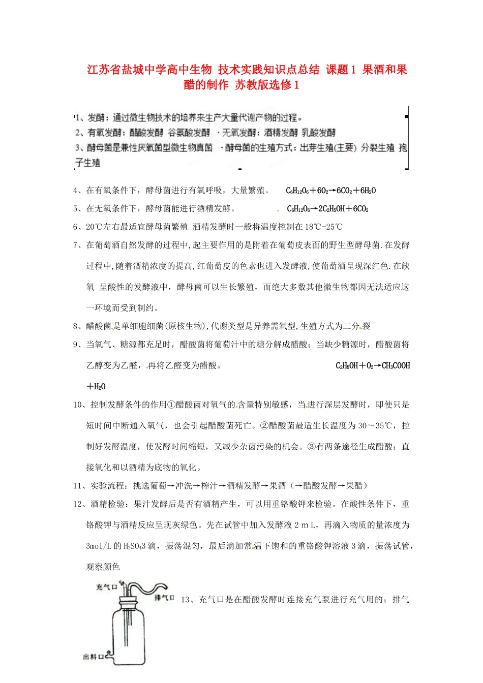 江苏省盐城中学高中生物 技术实践知识点总结 课题1 果酒和果醋的制作 苏教版选修1_第1页
