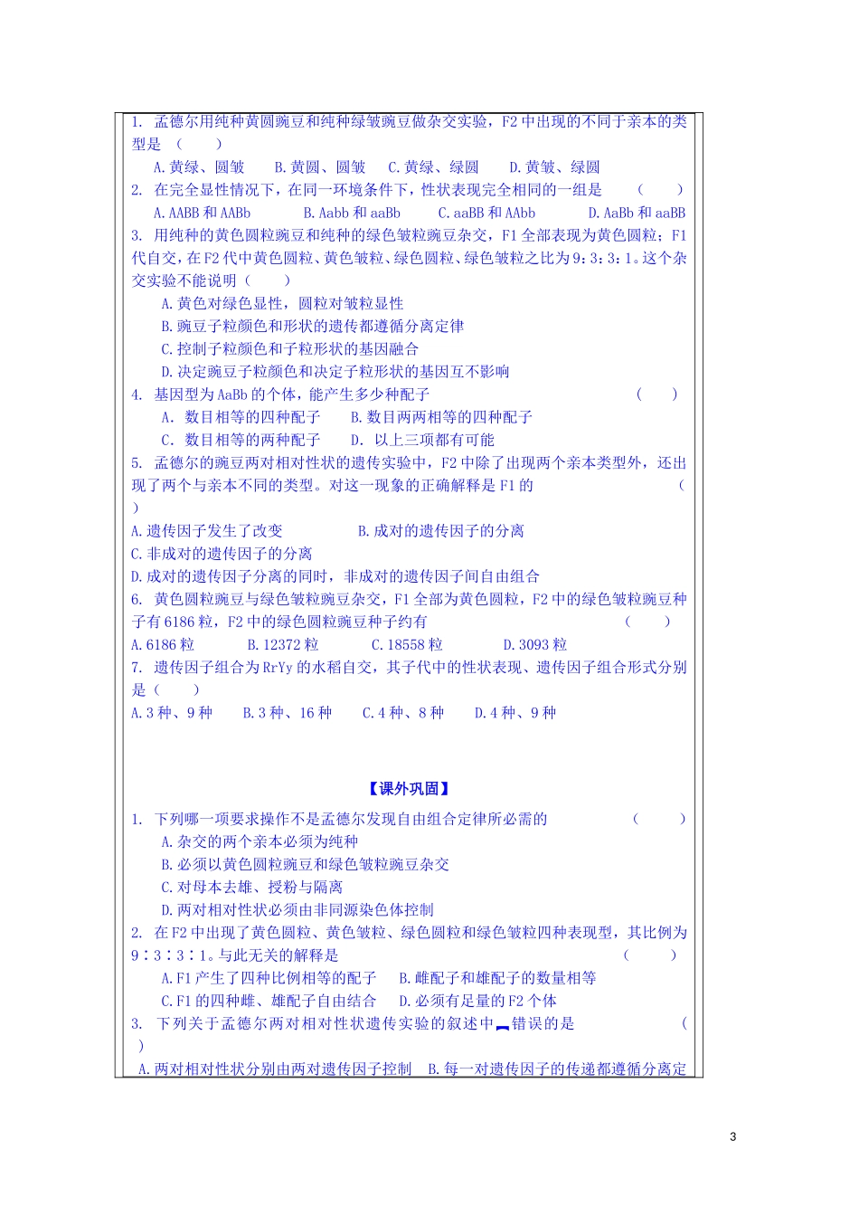 江苏省苏州市第五中学2013-2014学年高中生物 3.2自由组合定律（1）同步导学案 苏教版必修2_第3页