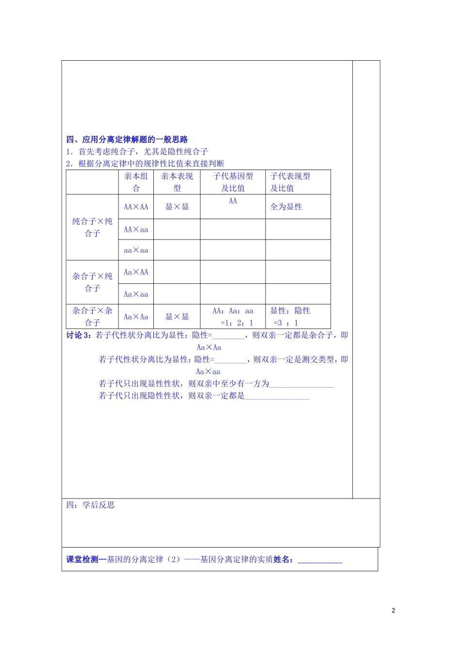 江苏省苏州市第五中学2013-2014学年高中生物 3.1基因的分离定律（2）同步导学案 苏教版必修2_第2页