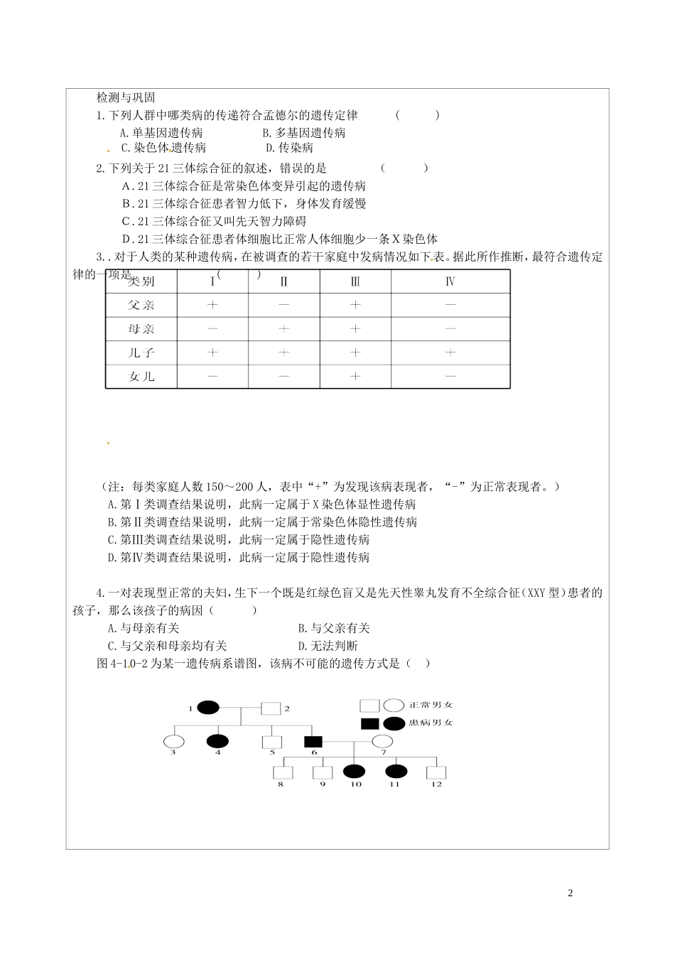 江苏省连云港市灌云县四队中学2014年高中生物 4.5.1 人类基因遗传病案 苏教版必修2_第2页
