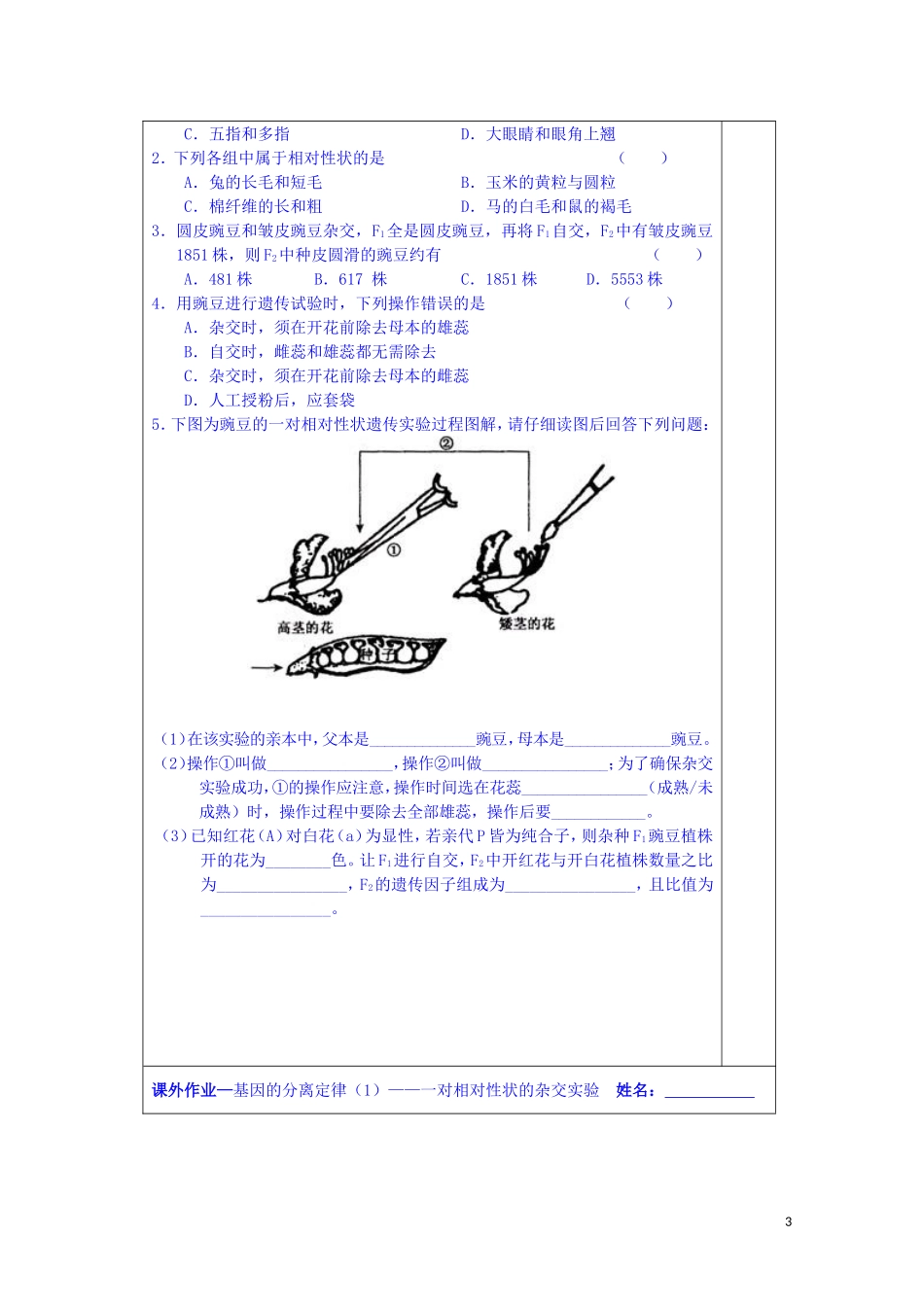 江苏省苏州市第五中学2013-2014学年高中生物 3.1基因的分离定律（1）同步导学案 苏教版必修2_第3页