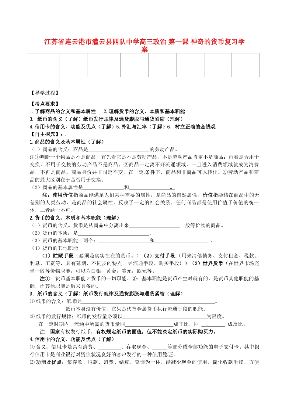 江苏省连云港市灌云县四队中学高三政治 第一课 神奇的货币复习学案_第1页
