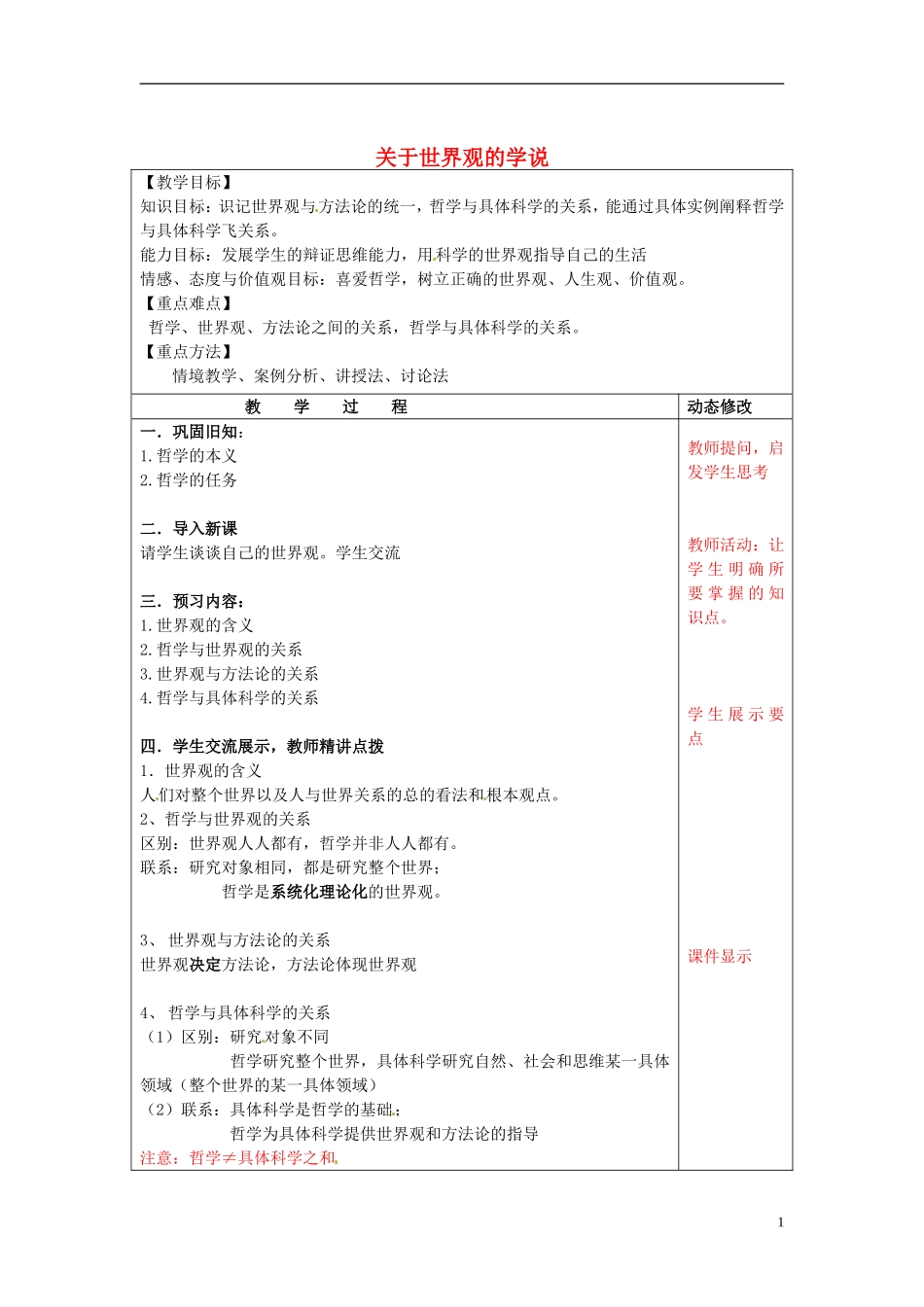 江苏省连云港市海滨中学高中政治 1.2 关于世界观的学说教学案 新人教版必修4_第1页
