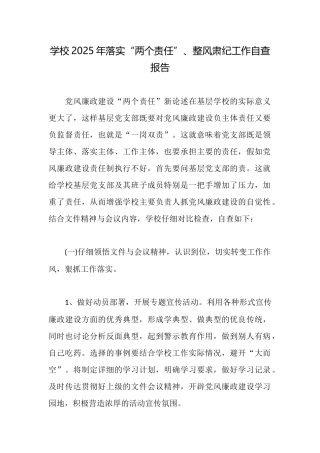 学校2025年落实“两个责任”、整风肃纪工作自查报告
