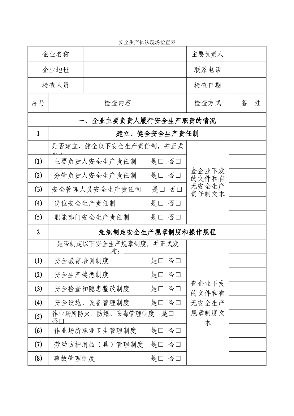 安全生产执法现场检查表_第1页