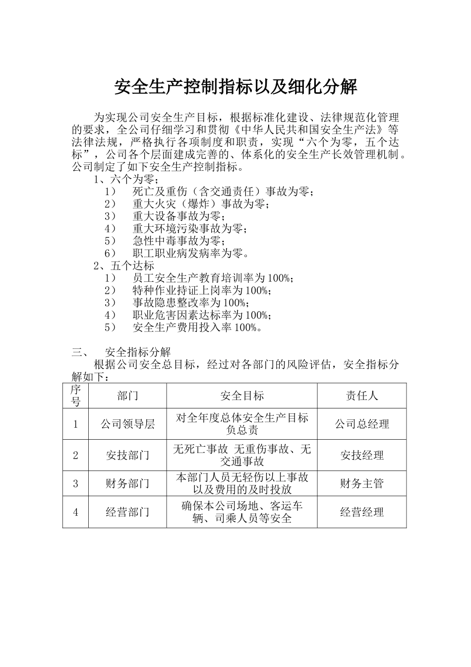 安全生产控制指标以及细化分解_第1页