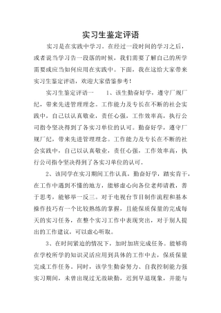 实习生鉴定评语
