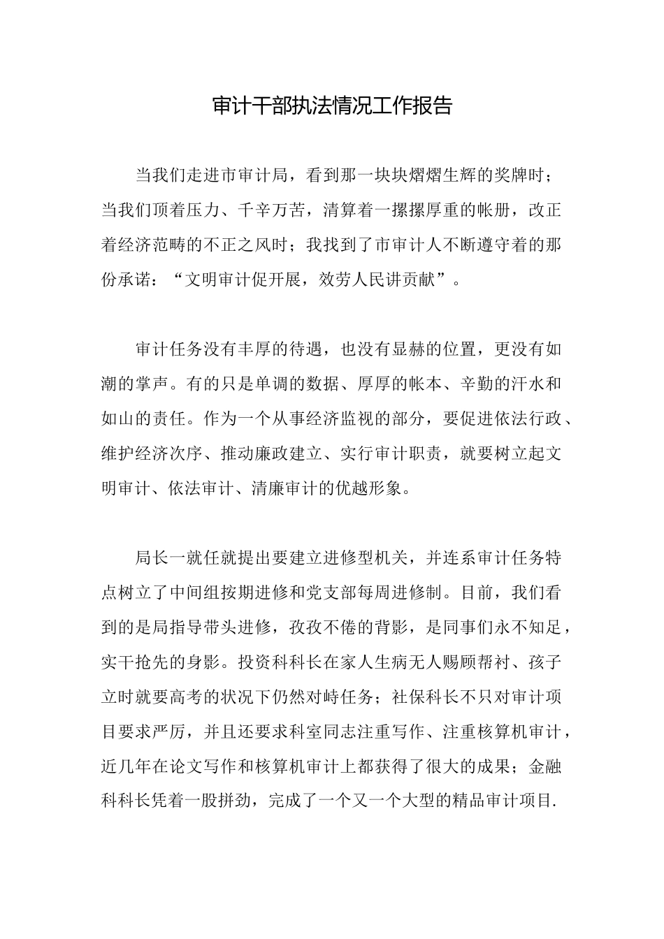 审计干部执法情况工作报告_第1页