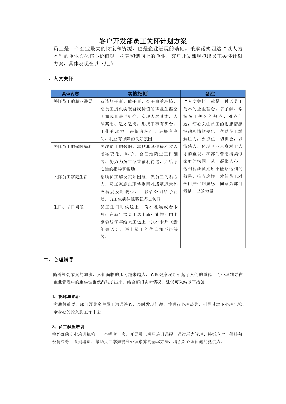 客户开发部员工关怀计划方案_第1页