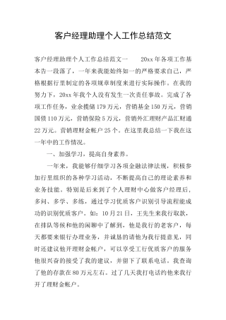 客户经理助理个人工作总结范文