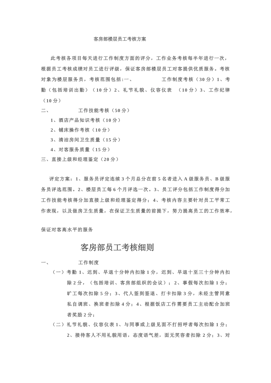 客房部楼层员工考核方案_第1页