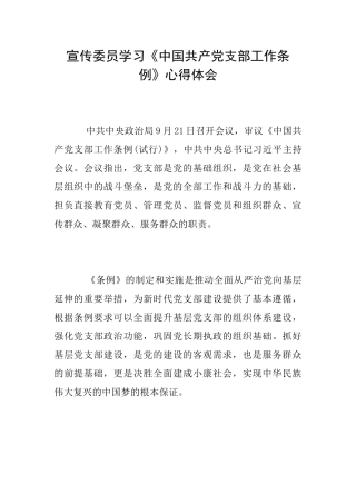 宣传委员学习《中国共产党支部工作条例》心得体会